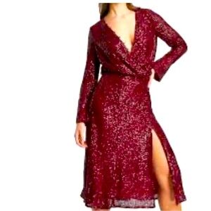 NWT ASOS Burgundy Red Sequin 3/4 Sleeve Wrap Midi Maxi Formal Cocktail D…